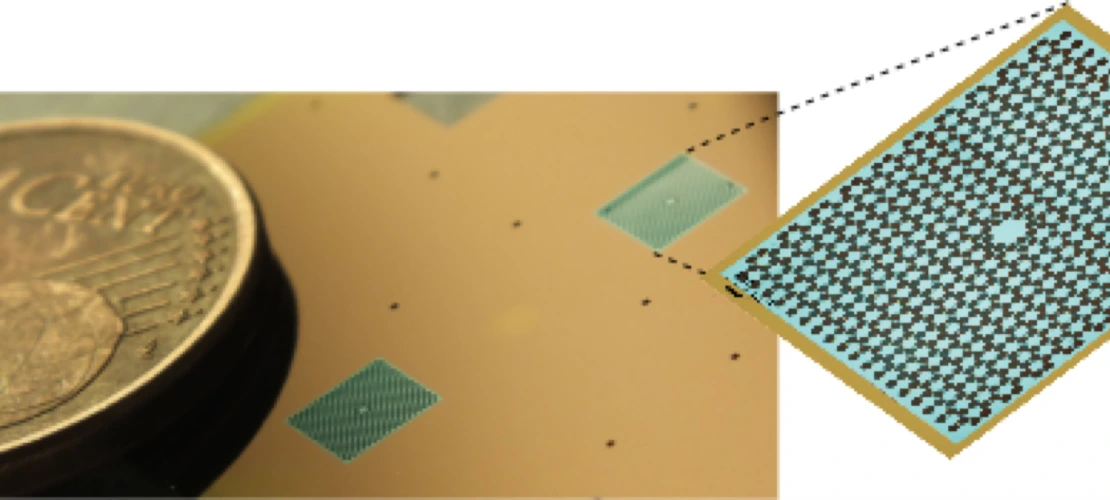 Ultralow loss mechanical resonator developed at CNRS: a thin, high stress silicon nitride membrane (green) suspended from a silicon substrate (orange).  Drum-like vibrations of the membrane are isolated near a central defect surrounded by a regular array of holes, forming a phonical crystal.